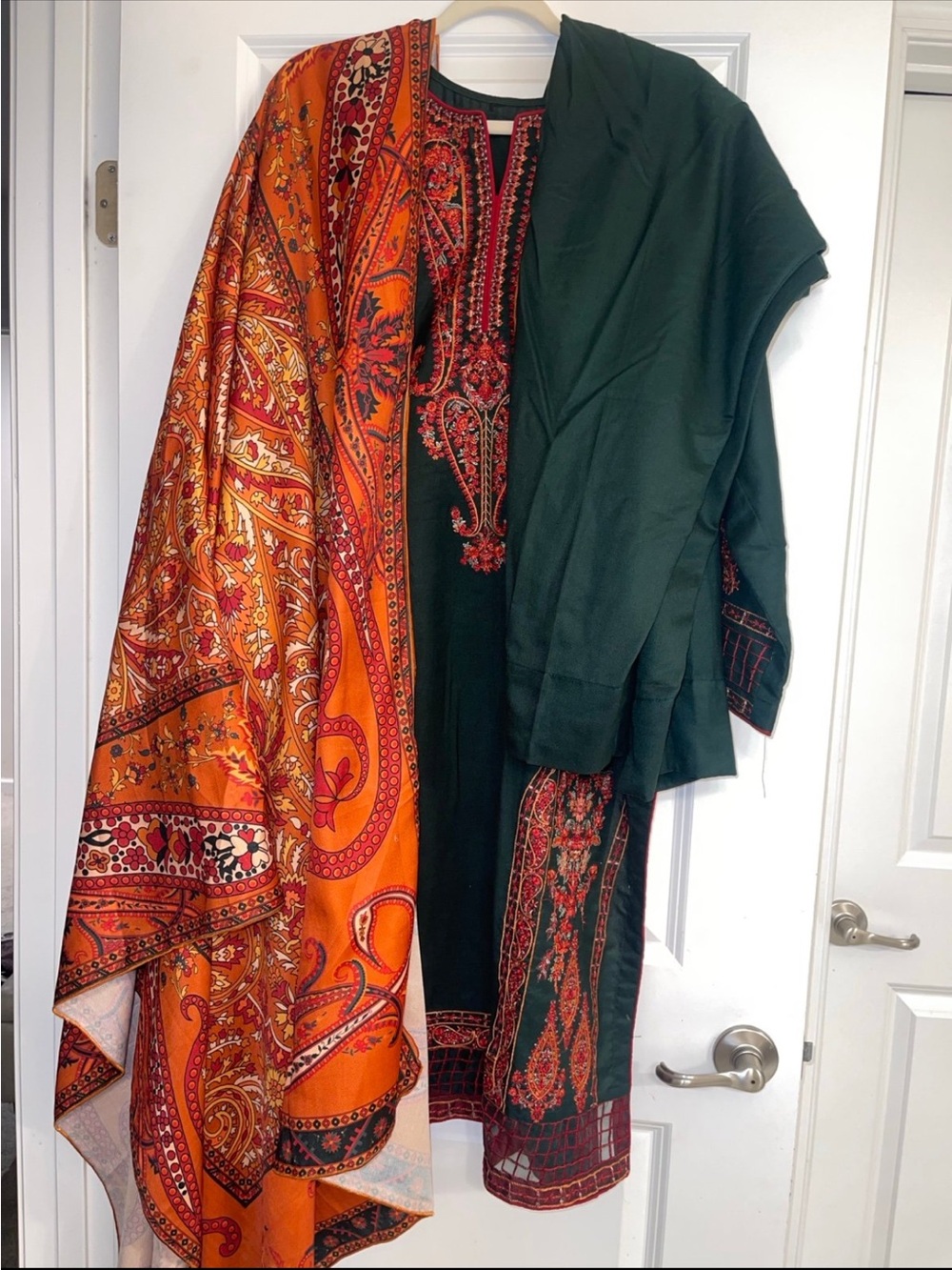 Elegant Green & Orange Embroidered Long Sleeve Dress - Picture 10 of 10